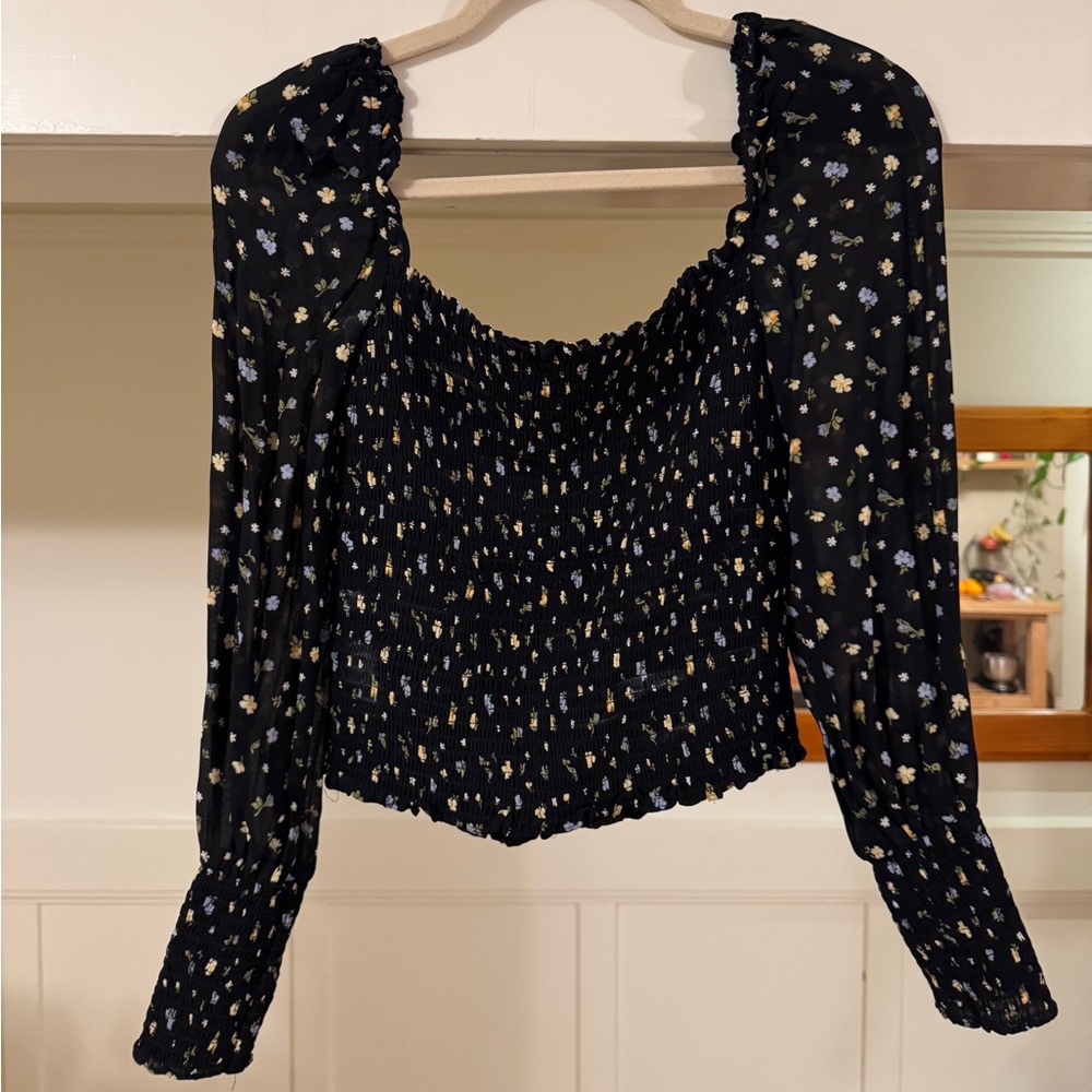 Reformation Black Floral Smocked Blouse